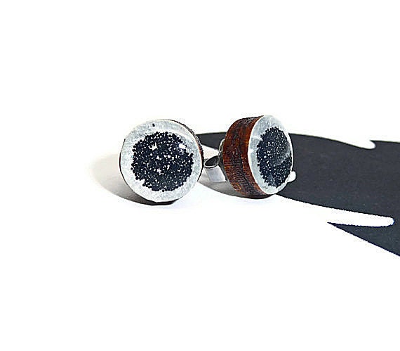 Post stud earrings wooden black glitter silver shimmer, surgical steel post earrings