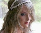 Ivory Wedding Hair Accessory, Rhinestone Ribbon Ties Headband, Pearl Bridal Headband, Tulle Beaded Wedding Head Piece