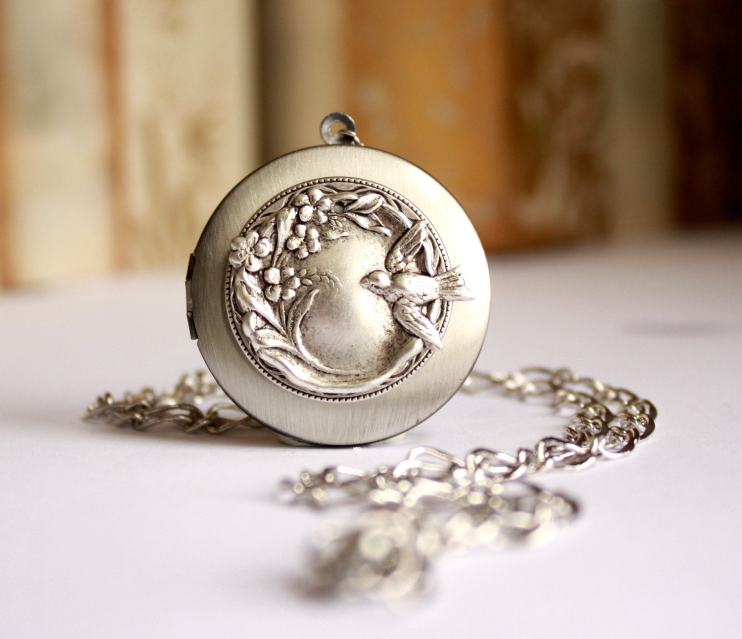 Silver Locket with Birds and Flowers / Personalized Secret Message Locket / Spring Wedding Jewelry / Bridal Jewelry