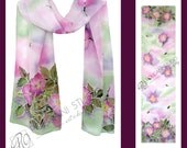 Hand Painted Silk Scarf - Wild Rose - Floral Spring Soft Pink, Purple, Green. READY TO SHIP.