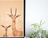 African Antelopes, 11 x 17 Poster, Antlers, Peach, Floral Pattern