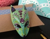 Fox Brooch / Clay Pin - OOAK Handmade Animal Gift - Hand cast and Hand Painted - Mint Green Purple Space