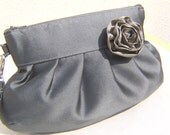 BRIDESMAIDS CLUTCH, Janbag Wristlet , handmade,, bridal, wedding , silk flower- Solid grey
