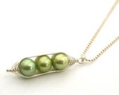 Three peas in a pod, green pearl peapod pendant necklace on sterling silver chain.