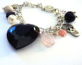 Dark Valentine charm bracelet, vintage heart, howlite skull, skull charms