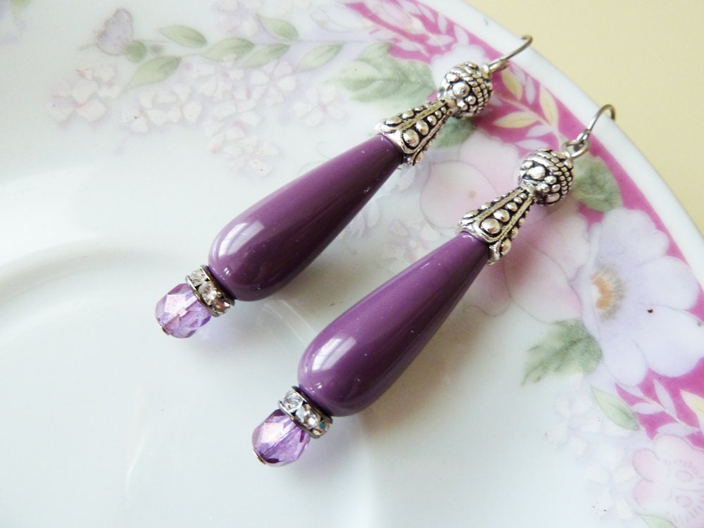 Beaded Earrings in Lavender, Vintage Dangle Earrings with Tribal Rhinestone Details