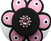Black White and Pink FLOWER Swarvoski Crystal Jeweled Handpainted Wood Drawer Pull Knob Kids