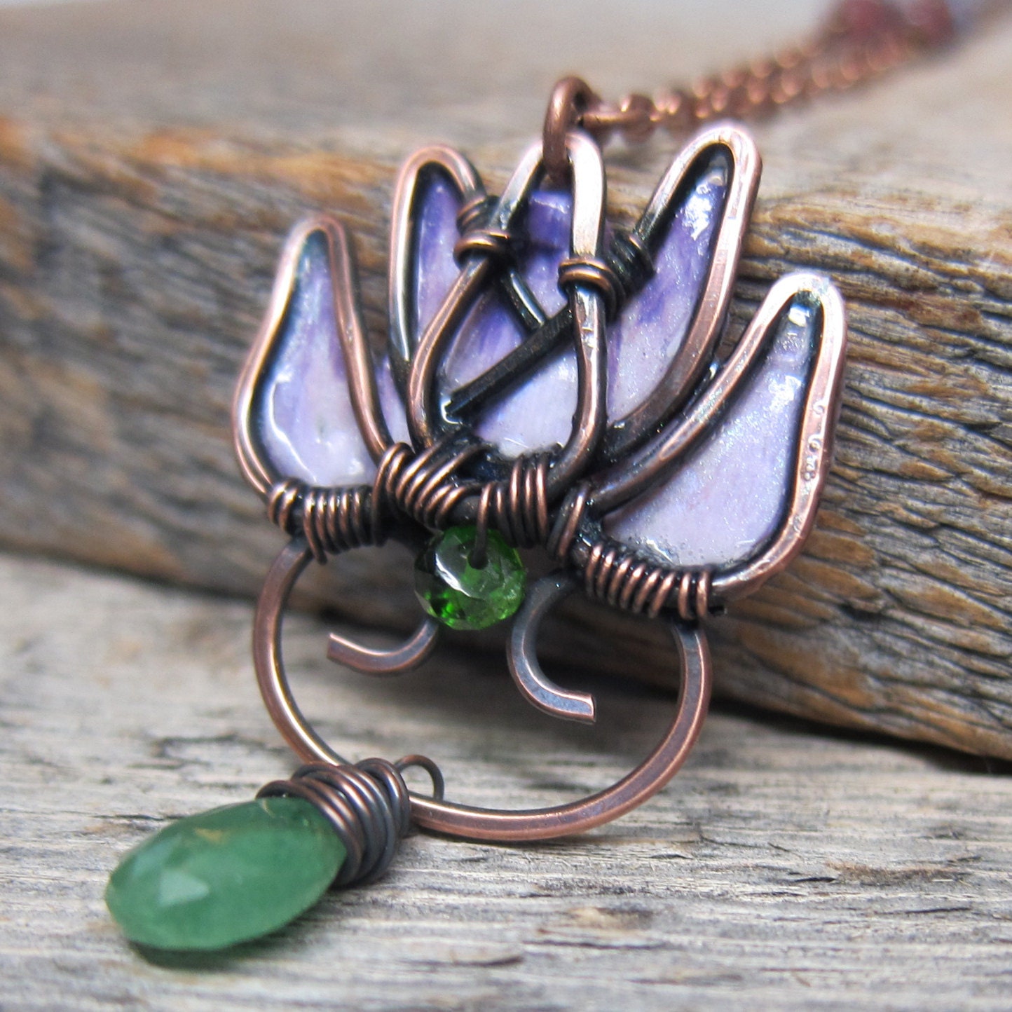 Spring Lotus Necklace ... Artisan Wire Wrapped Copper Lotus with Hand Painted Petals