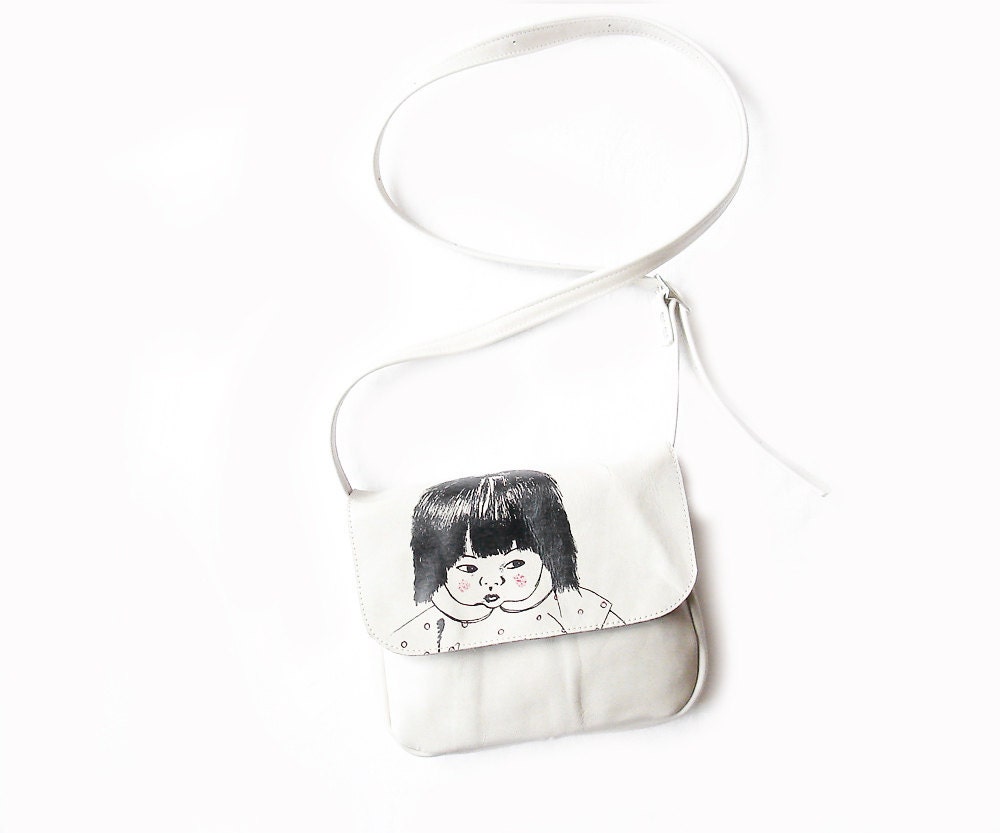 Small Leather Messenger Bag in Bone leather with Suspicious Child Screenprint