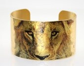 Photo Cuff, Brass Cuff Bracelet, Altered Art Jewelry, Photo Jewelry, Gold Leaf Cuff, LION Cuff - BIG CATS