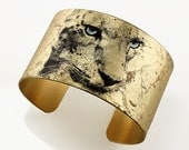 Photo Cuff, Brass Cuff Bracelet, Altered Art Jewelry, Photo Jewelry, Gold Leaf Cuff, Albino Snow LEOPARD Cuff - BIG CATS