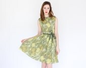 vintage 50s leaf print cotton belt day dress nature novelty print