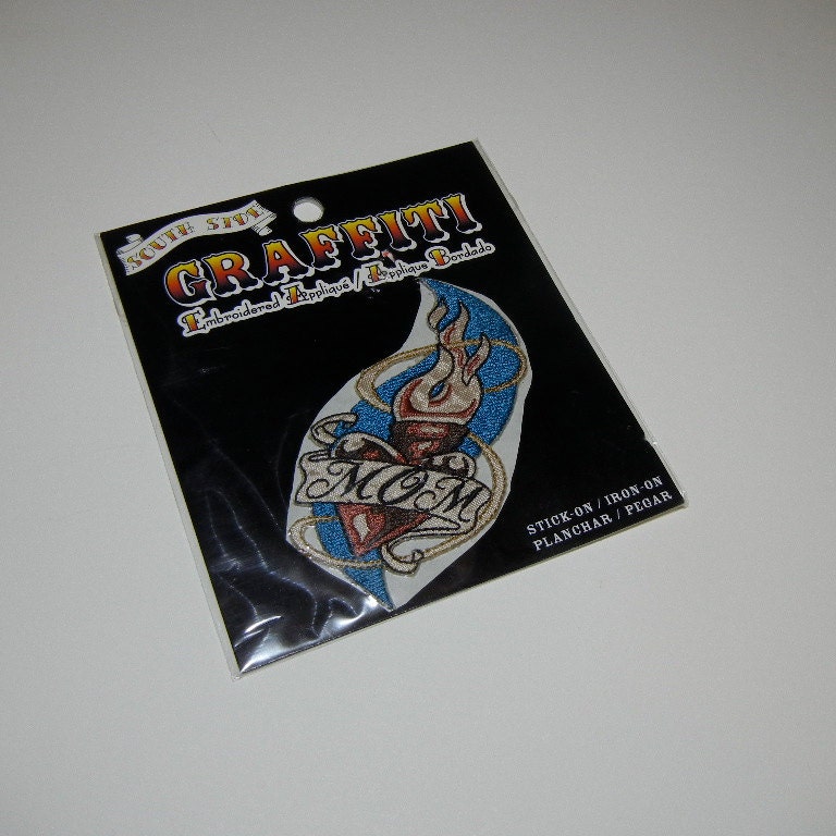 Tattoo Style Mom Iron On Patch 2 Patches - Flaming Sacred Heart New In Package