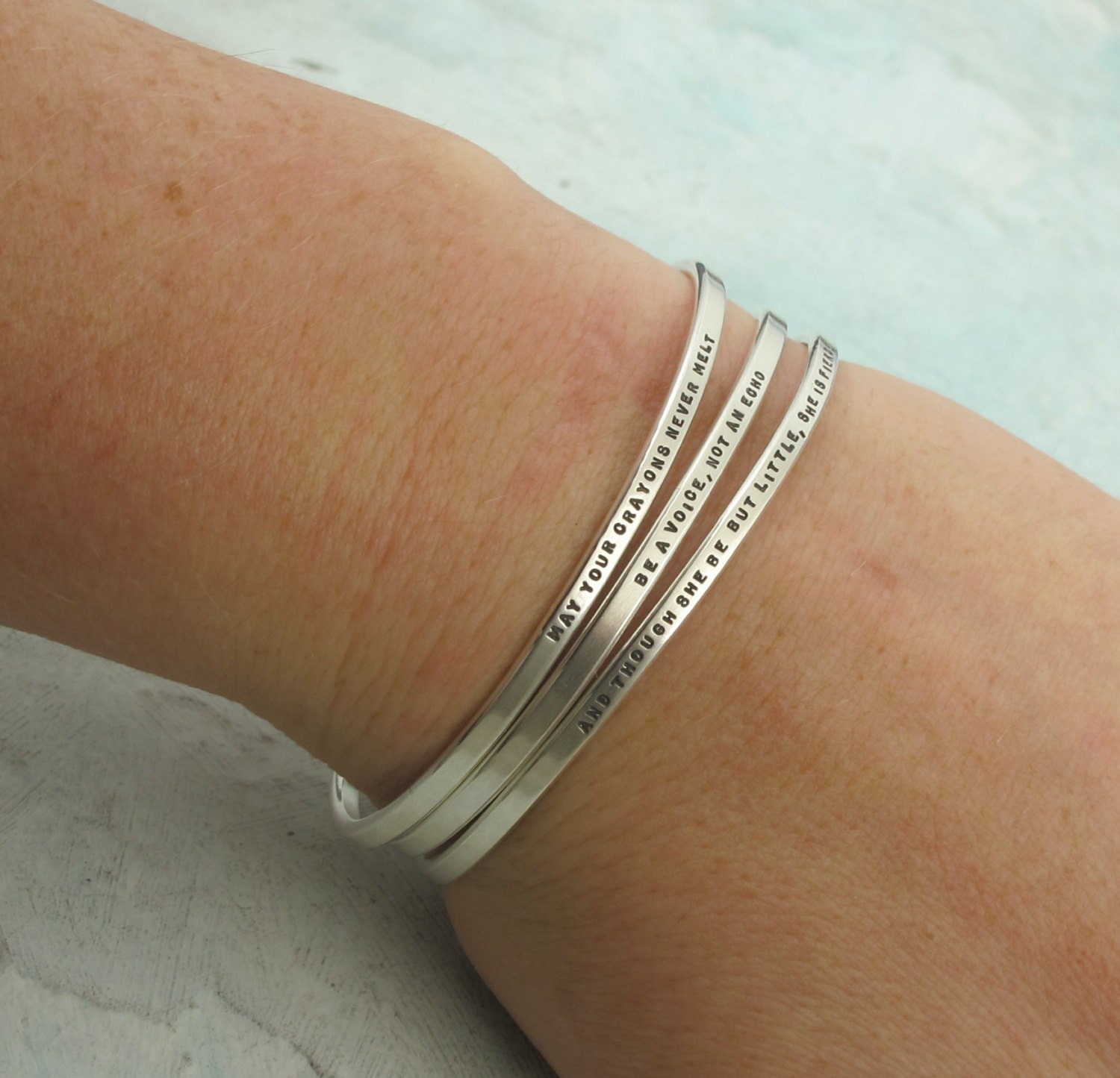 Set of sterling silver cuff bracelets - hand stamped silver bracelets with your chosen message - by Kathryn Riechert (tiny text)