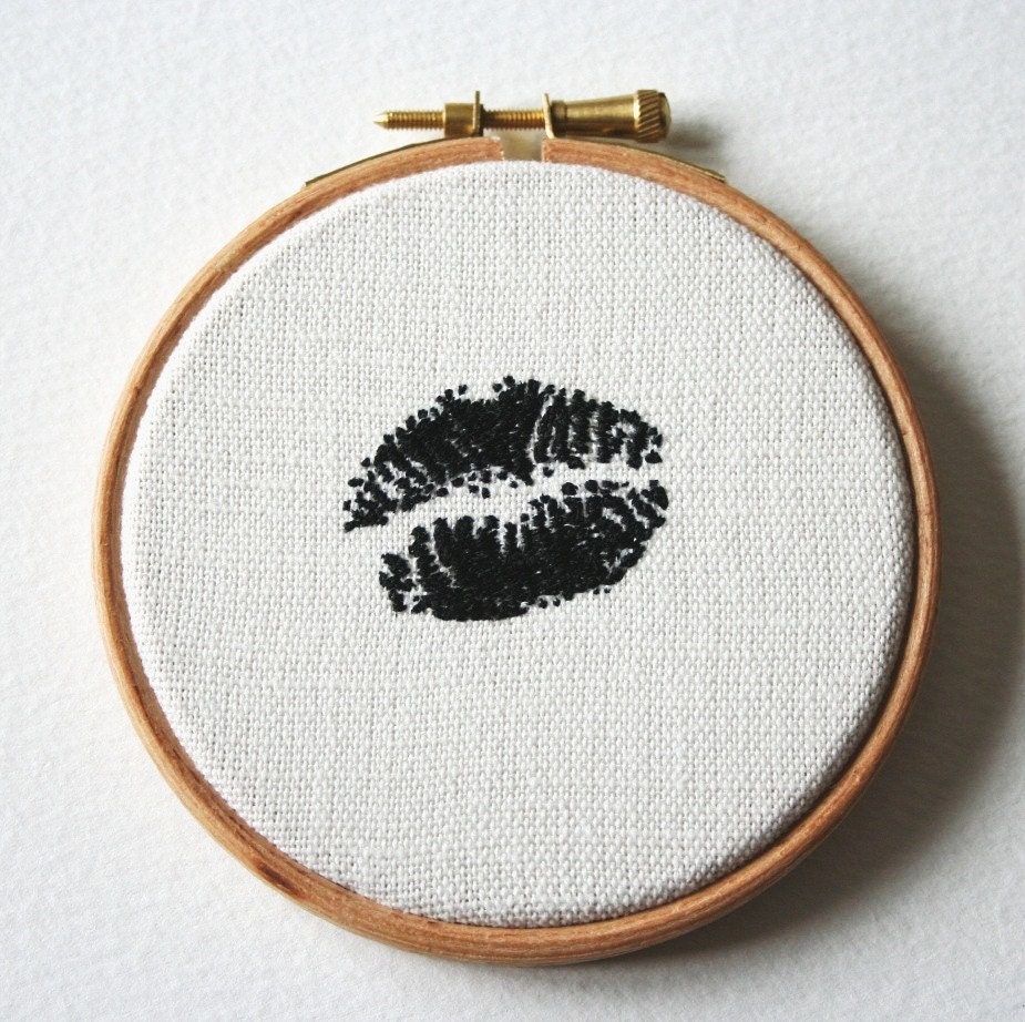 Hoop Art Gothic Kiss Lipstick Traces Hand Embroidered Wall Plaque