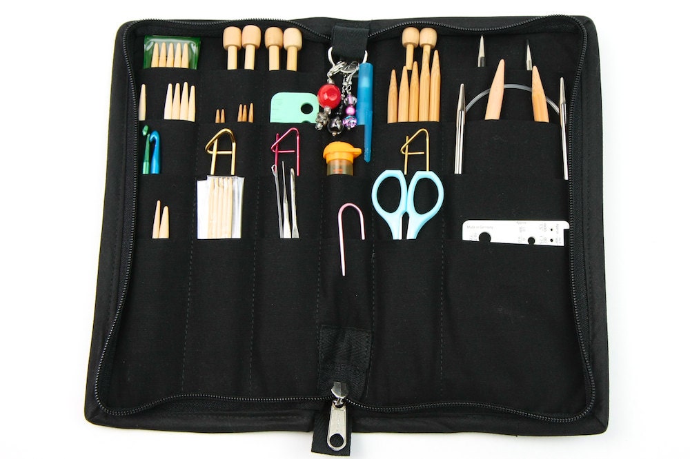 Choose your fabric ZIP AROUND Knitting Needle Case or Art Tool Organizer Custom 24 Pockets Plus See-Thru Notions Zipper Area