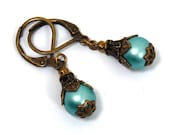 Exquisite Neo Victorian Drop Earrings with Turquoise Blue Czech Glass and Brass Filigree by Nouveau Motley