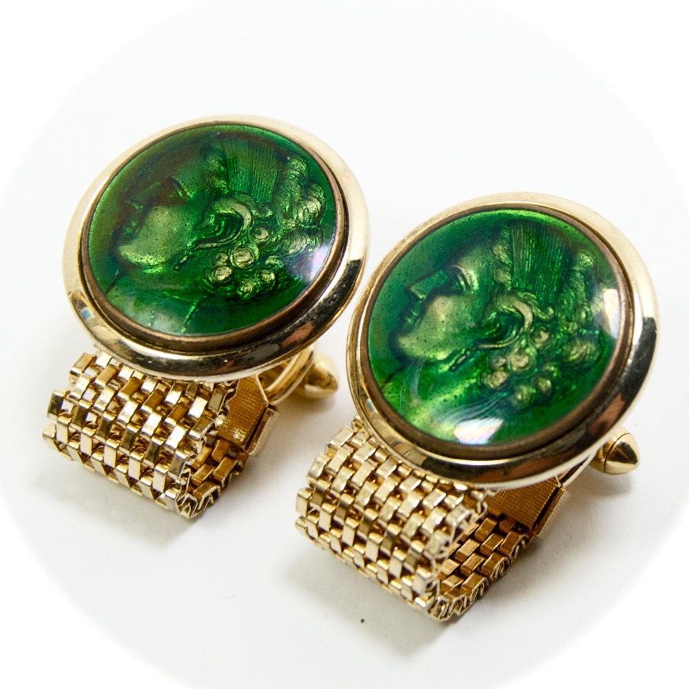 STUNNING Vintage Guilloche Enameled Cameo Cufflinks Green Glass Enamel Intaglio Look Circa 1940s