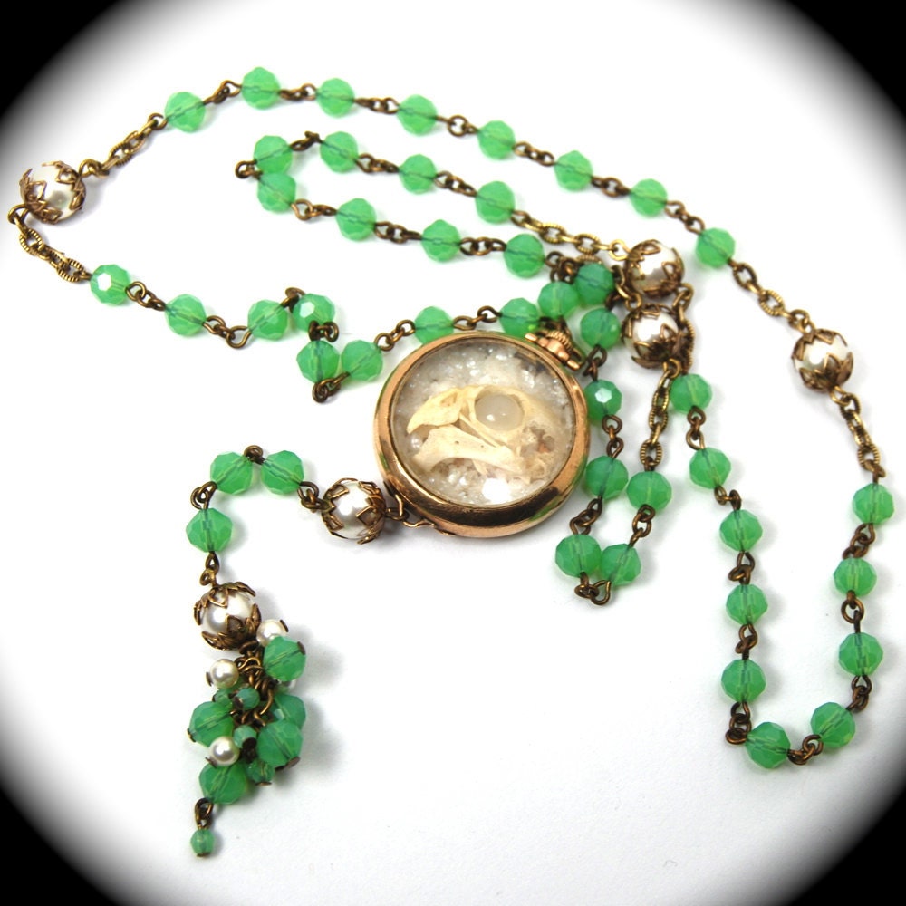 Steampunk Skull Shadowbox Necklace "OSSUARY RELIC"  Jadeite Pearl Rosary Moonstone Victorian Pocket Watch Case by Nouveau Motley
