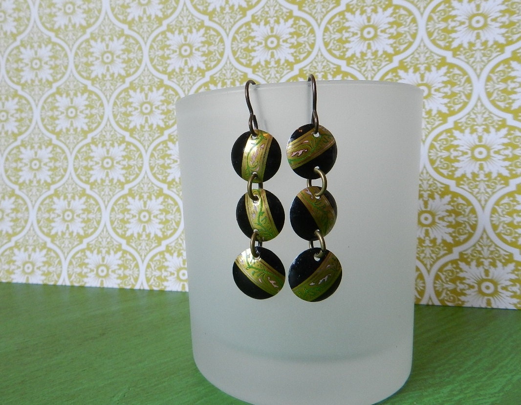 Black gold green and pink vintage tin earrings