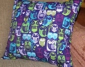 Pillow Cover, Purple Turquoise Green Pink Owls 16 inch