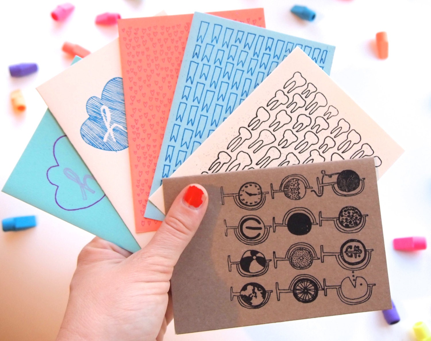 Cards: Set of Six  (tiny hearts, blue ribbons, hello, globes, stay gold teeth)