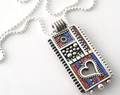 ON SALE Sterling Silver Box Heart Pendant with purple, pink, red Iridescent Mosaic Polymer