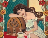Morning Ritual - Coffee and Radio Art Nouveau Goddess Print