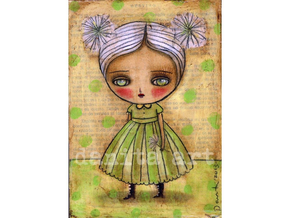Dandelion Girl In Green And Yellow - Giclee Reproduction from Original Mixed Media Collage Painting By Danita Art - (8x10 INCHES)