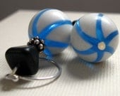 lucite dangle earrings vintage striped beads Bali silver & sterling silver earwires SWIRL blue black white nautical