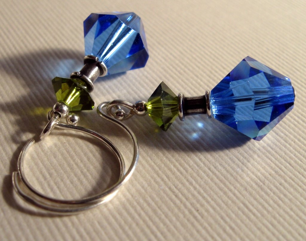 earrings SEASIDE Swarovski crystal and Bali Silver  dangle drop - capri blue and olivine green crystal