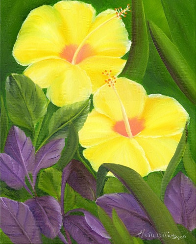 Yellow Hibiscus / Amapola Tropical Flower Art / Framed Original Oil Painting by Maria Williams