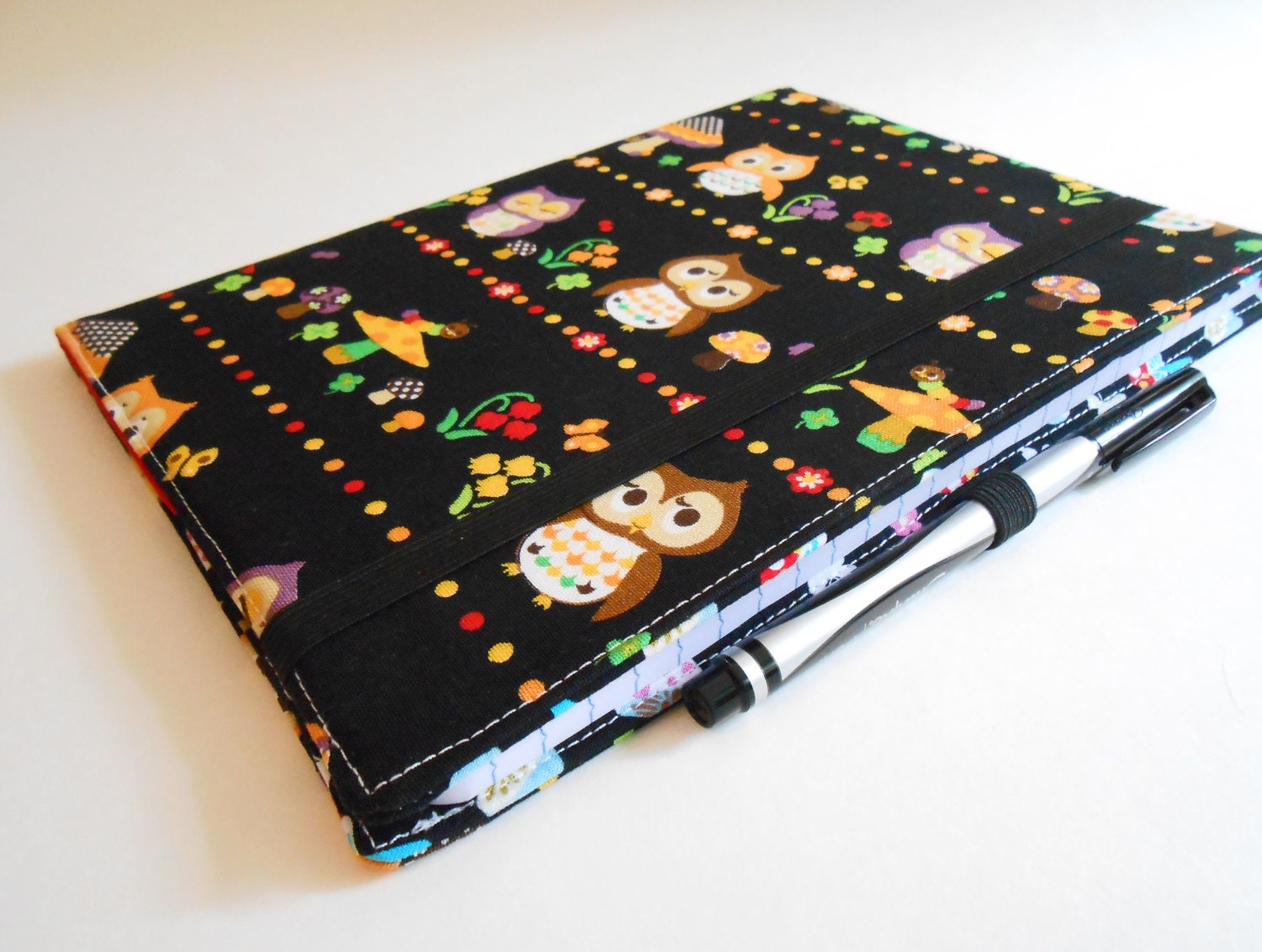 Journal Cover / Notebook Cover / Fabric Journal Cover--- Kawaii woodland owls and mushrooms