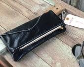 Hand Made leather clutch / fold over clutch black leather for her