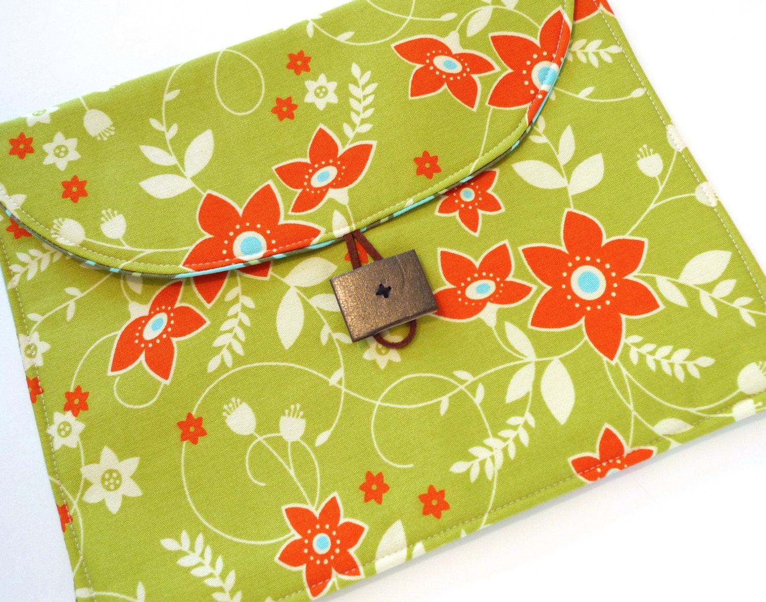 iPad Case, iPad Sleeve, HP Tablet Padded Pouch in Spring Green Floral Orange Flowers