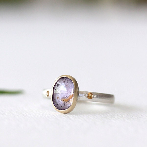 14k gold and silver purple sapphire and citrine ring, one of a kind, size 5.5