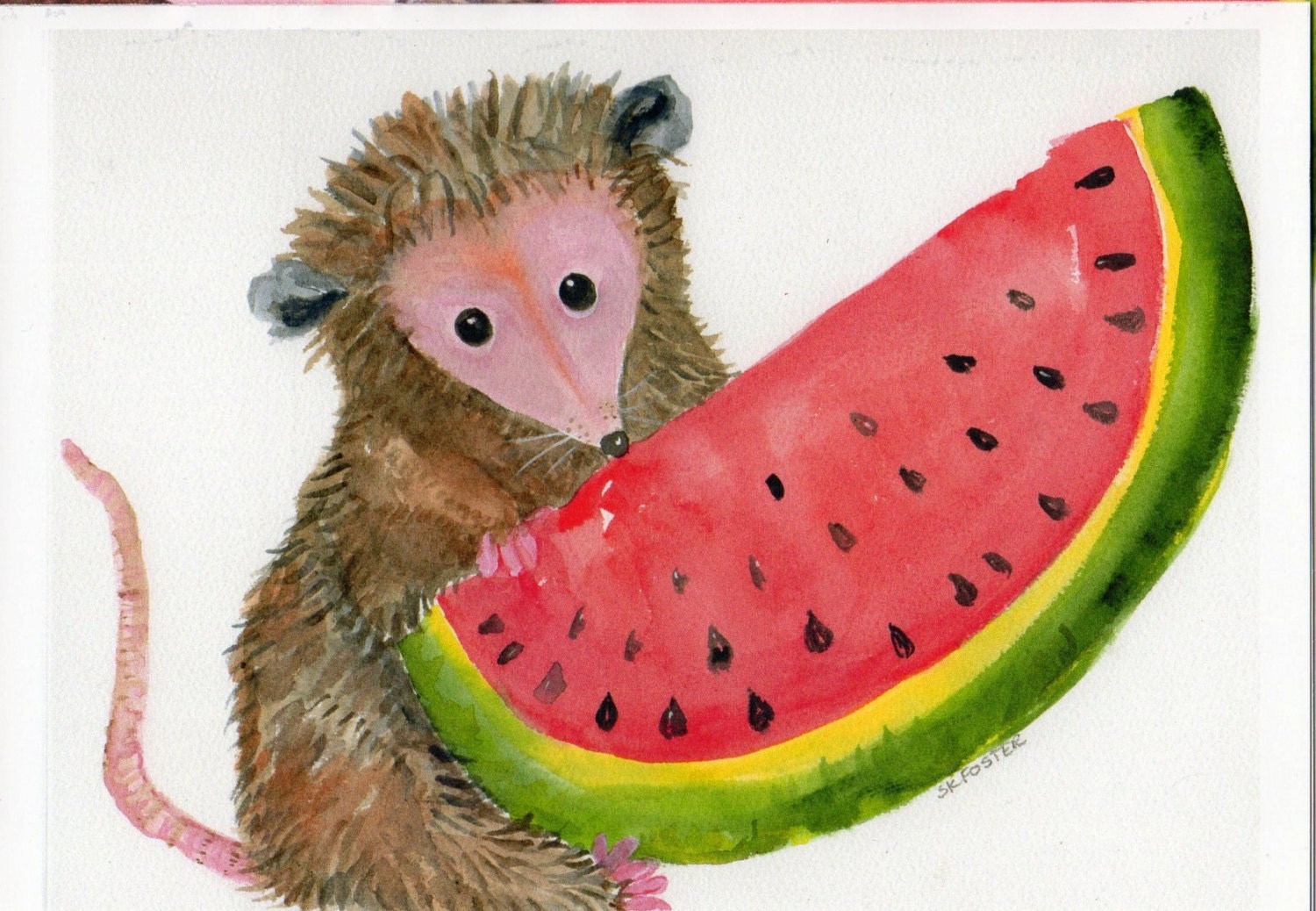 Possum with Watermelon Card - Print from my original watercolor