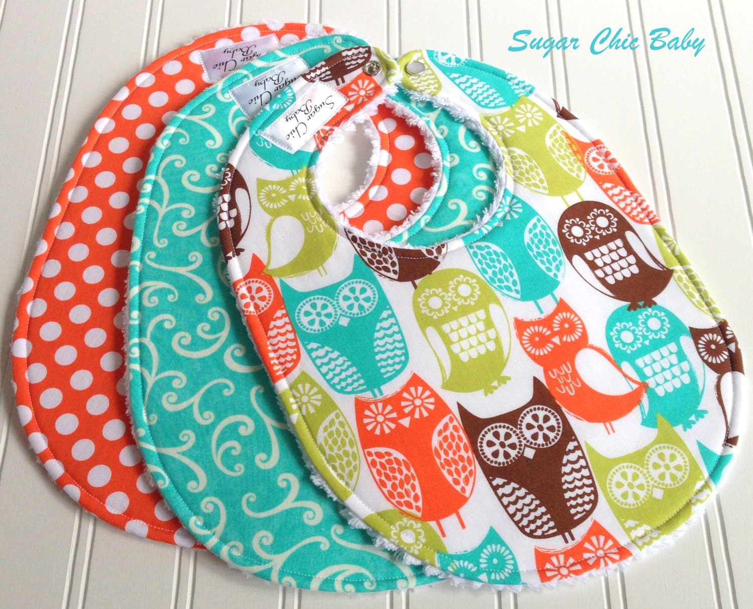 Gender Neutral Bibs For Boy or Girl -  Set of 3  Triple Layer Chenille  -  Swedish Owls, Whimsical Turquoise & Tangerine Dot