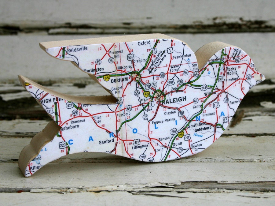 Birds of the World wooden bird with vintage Raleigh North Carolina map