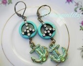 Anchor Earrings - Shabby Southern Gypsy Bohemian earrings, Turquoise rhinestone Peace Symbol, Anchor Jewelry - Patina earrings , sailors