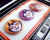 Moody Batcat Pin Set -Three one inch buttons on illustrated card