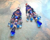 Cobalt Blue, Earrings, Pink, Red, Rose Quartz, Vintage Embroidery, Long, Bohemian. Dangle