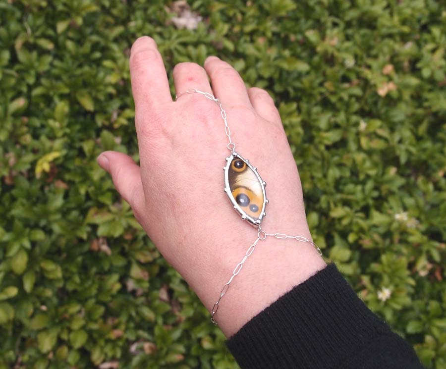 Evil Eye Bracelet and Ring Chain with Real Moth Charm - Bohemian Nature Art Jewelry