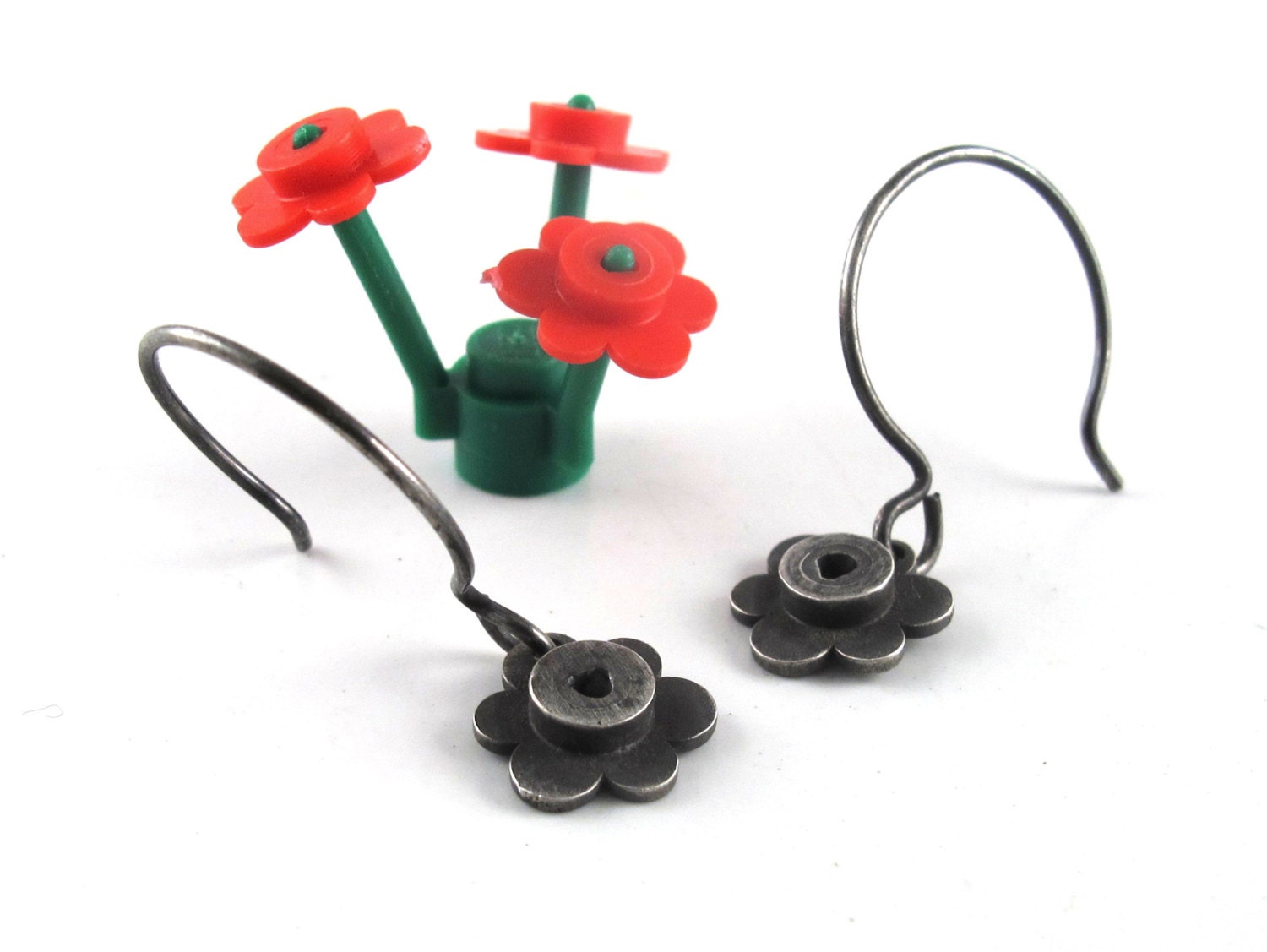 Flower Dangle Earrings - handcast sterling silver - Building Block Collection