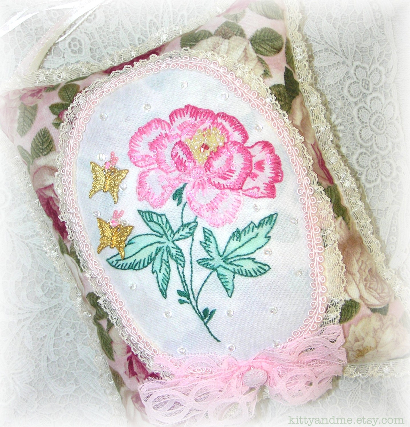 Hanging Pillow Shabby Roses Hand Embroidered Pink Cottage Decor