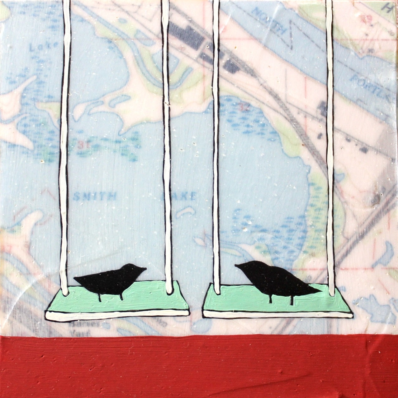 Barnes Yard - Original Map Painting 5 x 5 - Birds on Swings Art