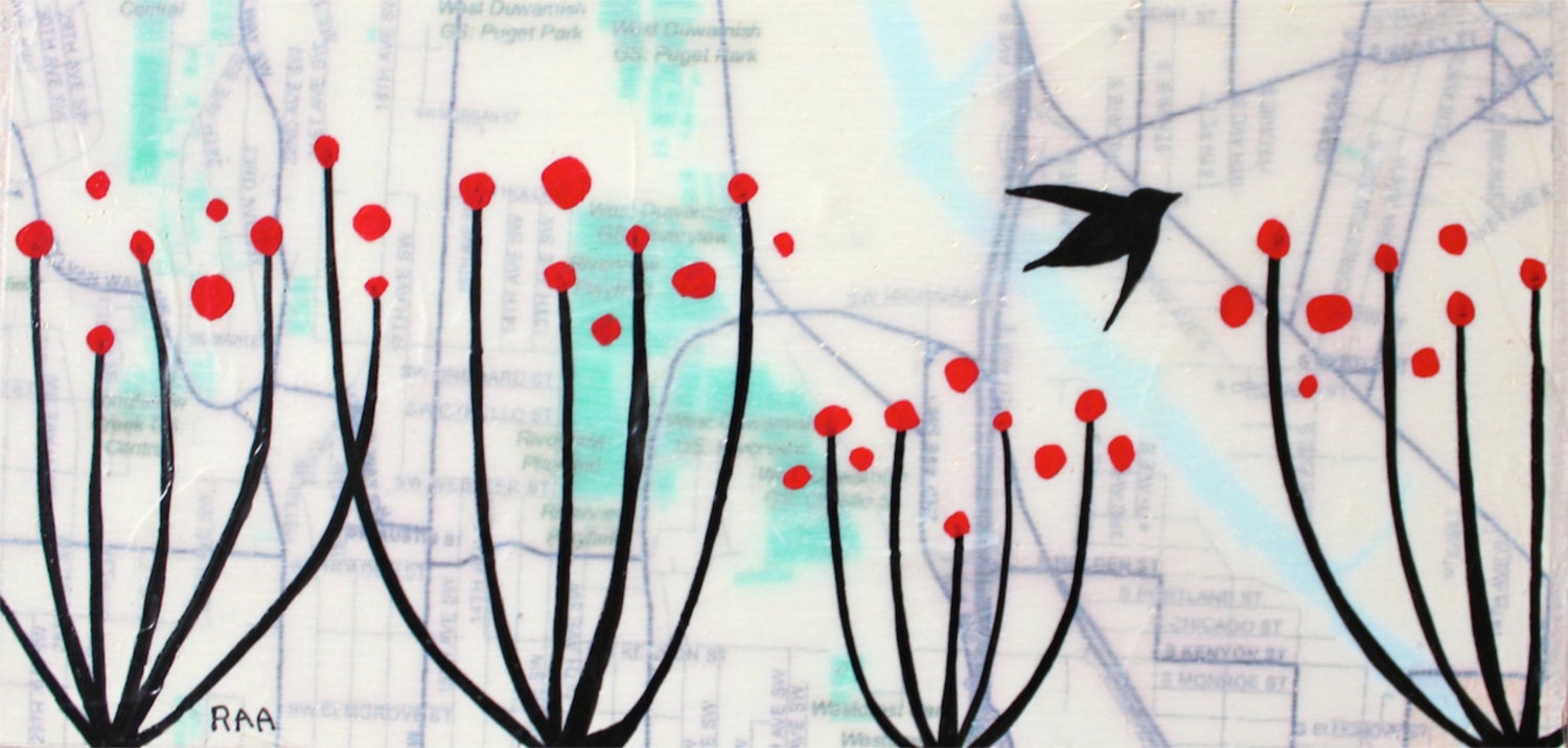 Fox Ave - Flying Birds - Original Map Painting 5 x 10