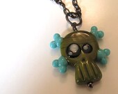olive and aqua skully, LORiOLA lampwork glass skull and crossbones