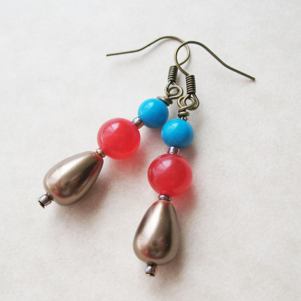 Red and Blue Earrings - Pearl Coat Drop Dangle Earrings - Cherry Bubble Tea