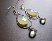 Green Chalcedony and Quartz Drop Earrings Oxidized Sterling Silver Gothic Elemental Huge